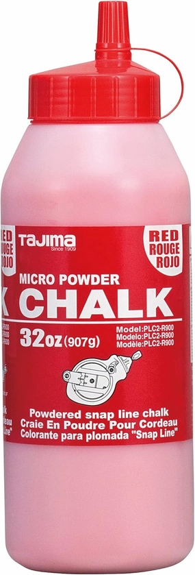 TAJIMA Micro Chalk - Red 32 oz (907g) Ultra-Fine Snap-Line Chalk with Durable Bottle & Easy-Fill Nozzle - PLC2-R900