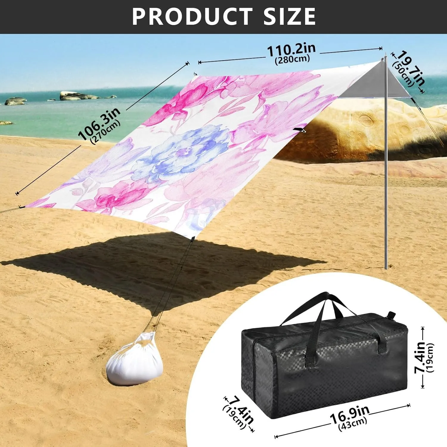 Tent Beach Canopy Sun Shade Outdoor Patio 9.2 × 10.5 FT Kids Camping Sun Shelter Various Pink Blue Flowers Canopies with Poles Sandbags Easy