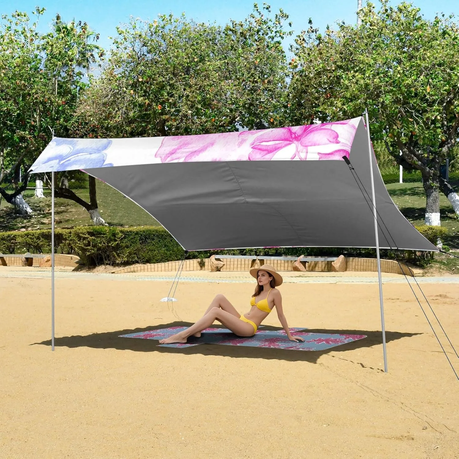 Tent Beach Canopy Sun Shade Outdoor Patio 9.2 × 10.5 FT Kids Camping Sun Shelter Various Pink Blue Flowers Canopies with Poles Sandbags Easy