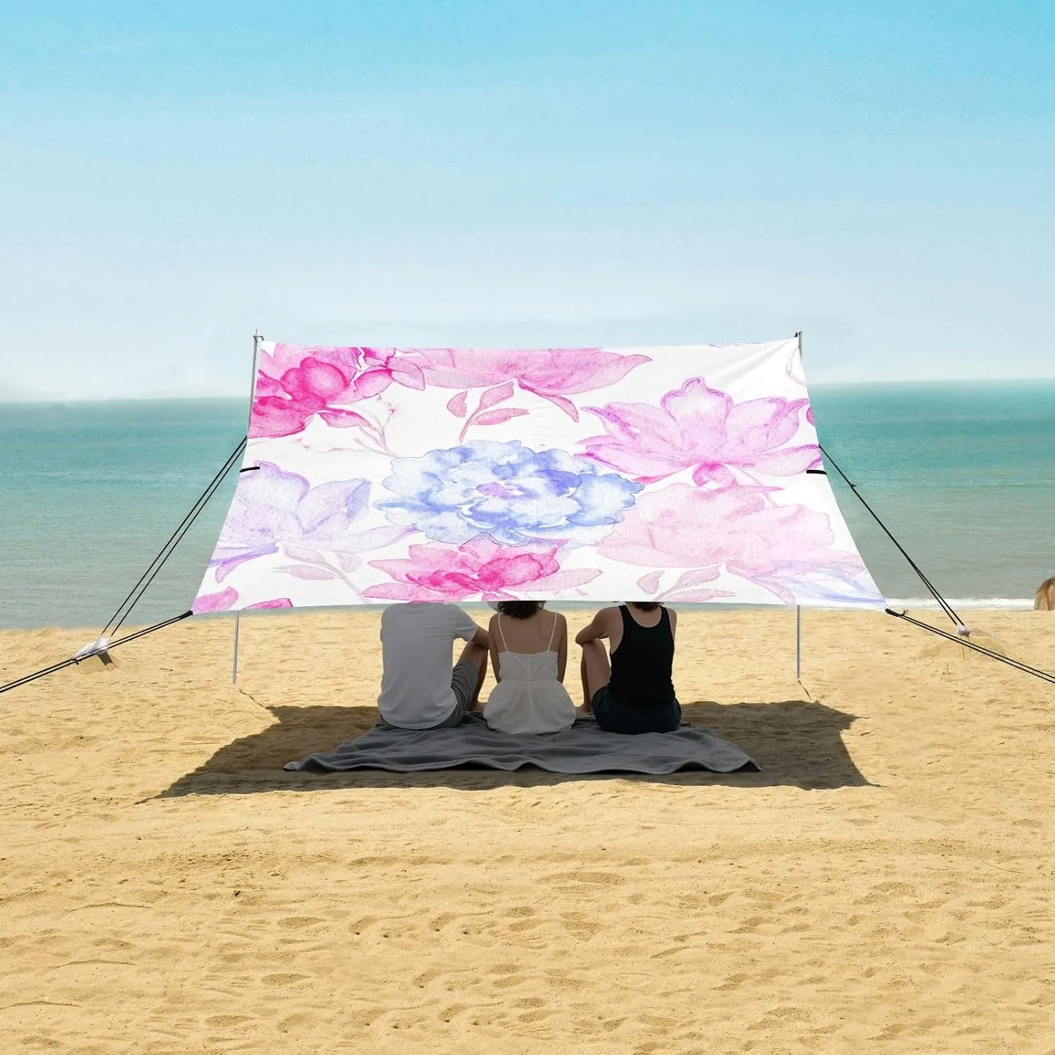 Tent Beach Canopy Sun Shade Outdoor Patio 9.2 × 10.5 FT Kids Camping Sun Shelter Various Pink Blue Flowers Canopies with Poles Sandbags Easy