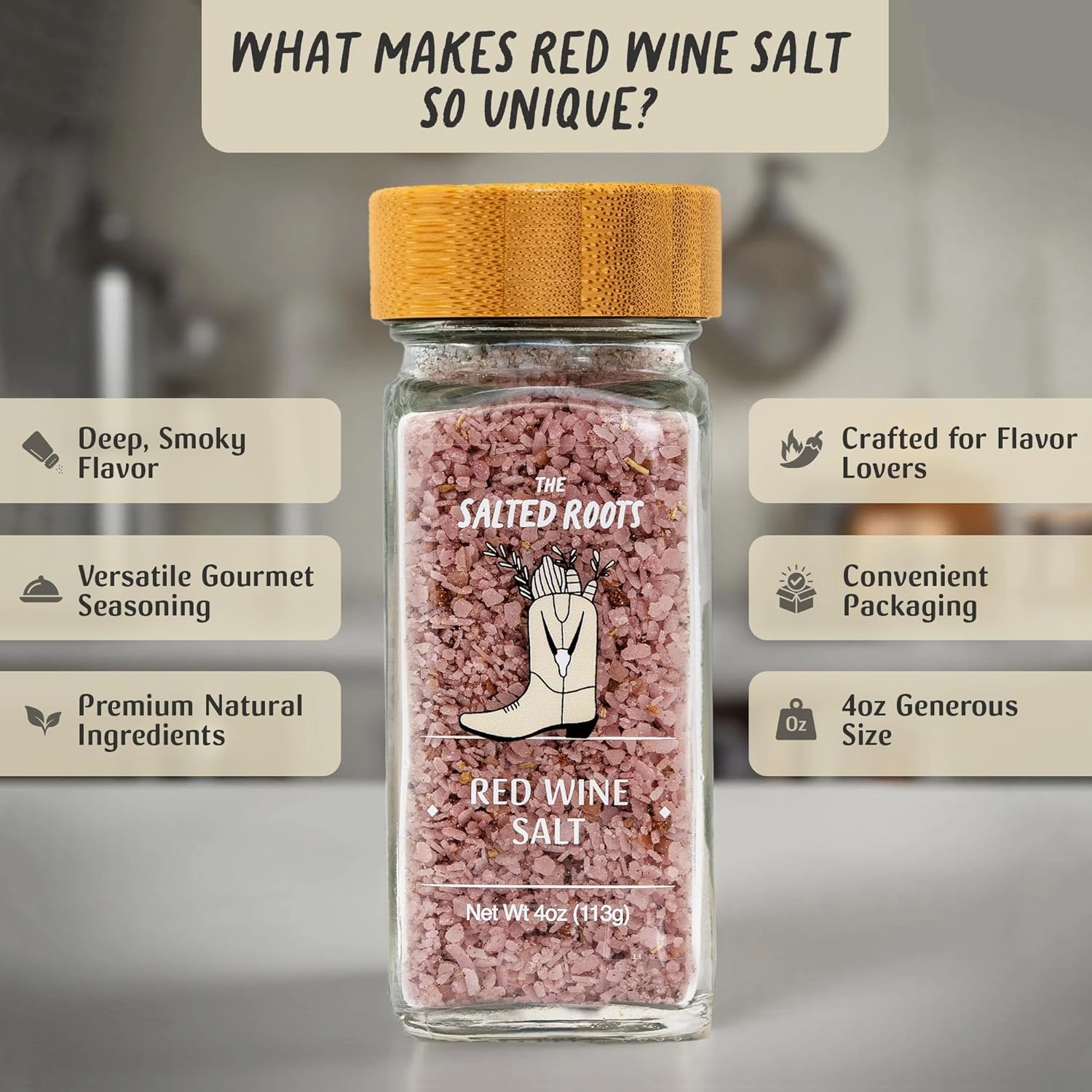 The Salted Roots - Red Wine Salt - Bold & Smoky Seasoning - Infused with Red Wine, Peppercorn, Garlic & Lemon - Perfect for Grilled Meats & Gourmet Dishes - 4oz