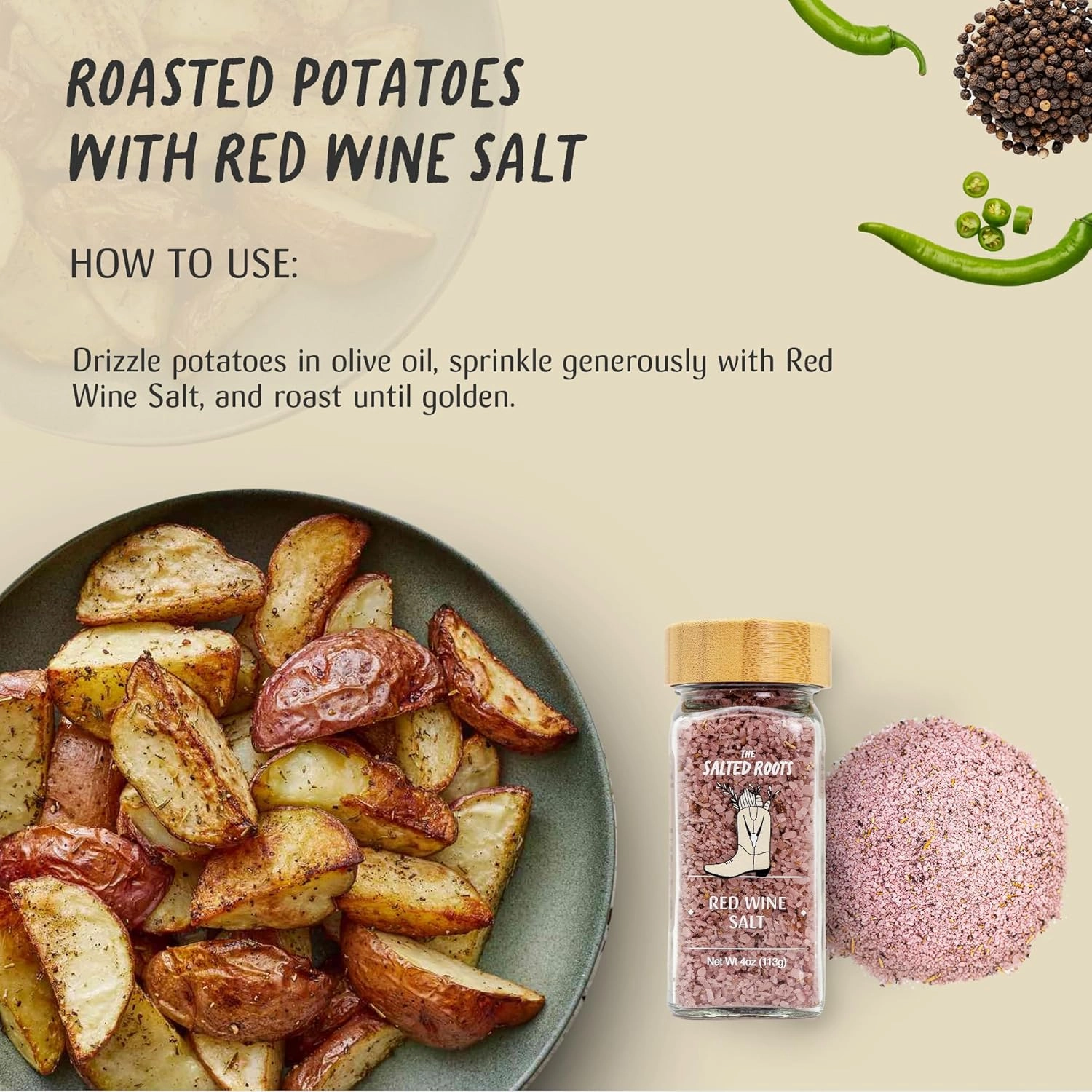 The Salted Roots - Red Wine Salt - Bold & Smoky Seasoning - Infused with Red Wine, Peppercorn, Garlic & Lemon - Perfect for Grilled Meats & Gourmet Dishes - 4oz