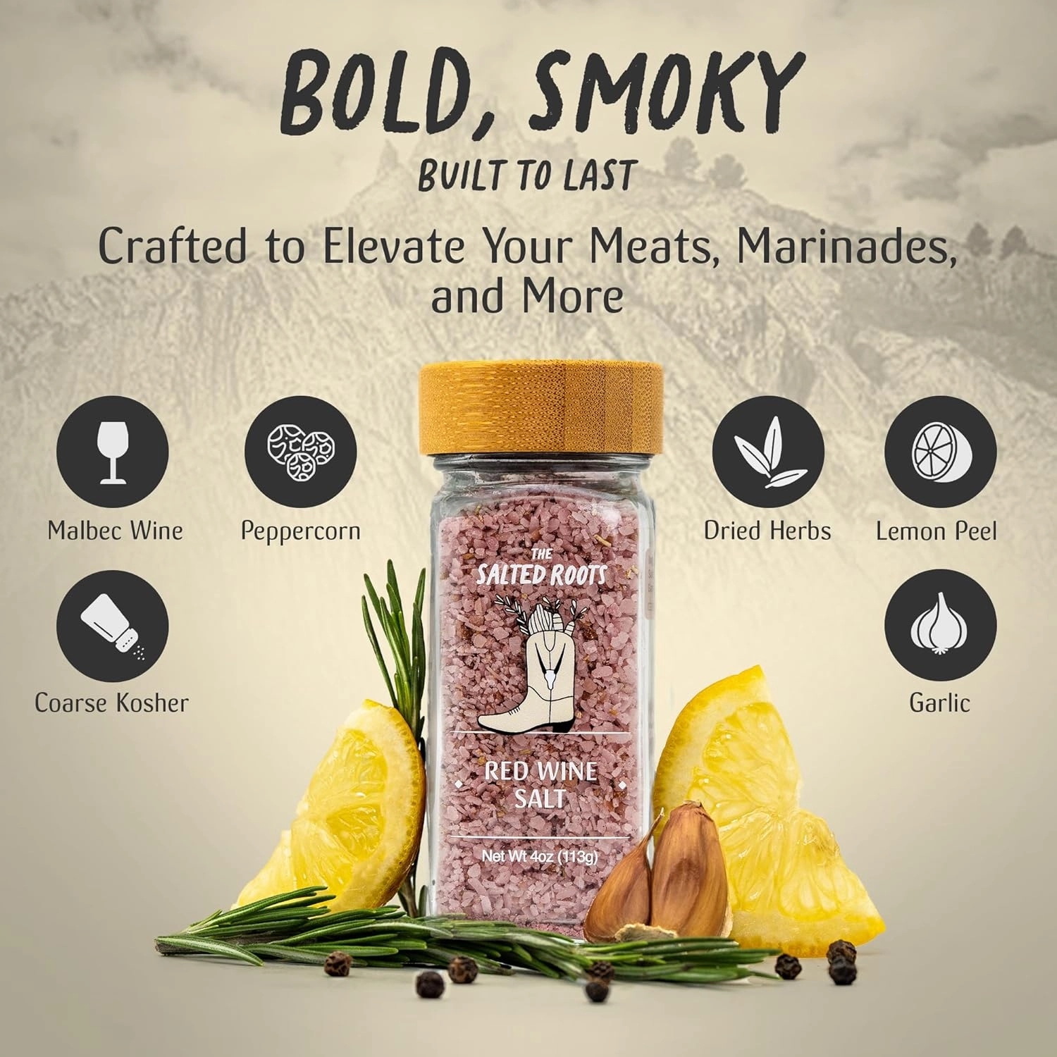 The Salted Roots - Red Wine Salt - Bold & Smoky Seasoning - Infused with Red Wine, Peppercorn, Garlic & Lemon - Perfect for Grilled Meats & Gourmet Dishes - 4oz