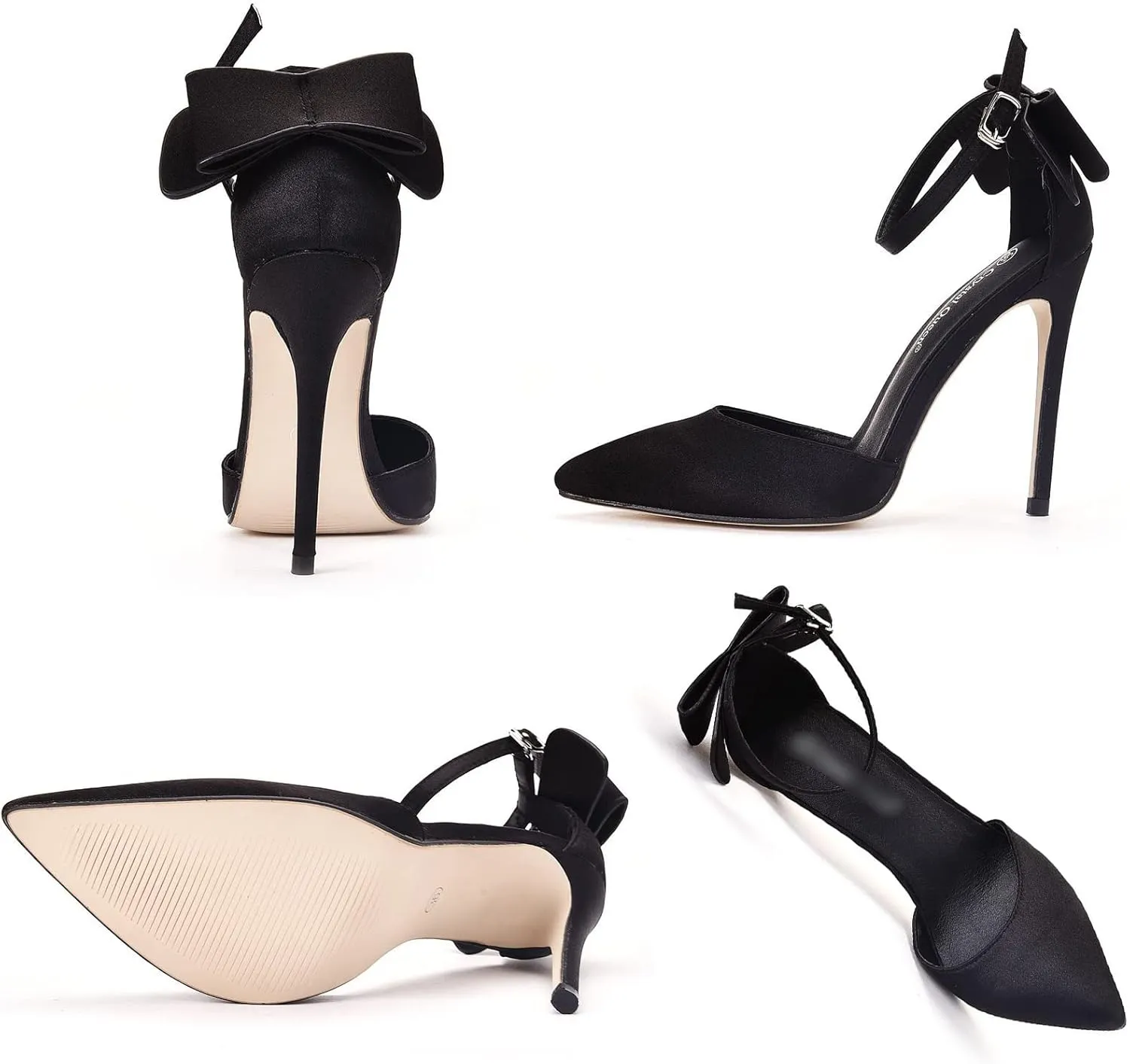 TNXZ Wedding Evening Party Shoes Comfortable Stiletto Heels Pumps with Bow Knot Ankle Strap Wide Width Satin Shoes 4.3'' Party Dress Shoes