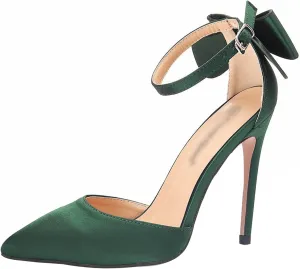 TNXZ Wedding Evening Party Shoes Comfortable Stiletto Heels Pumps with Bow Knot Ankle Strap Wide Width Satin Shoes 4.3'' Party Dress Shoes