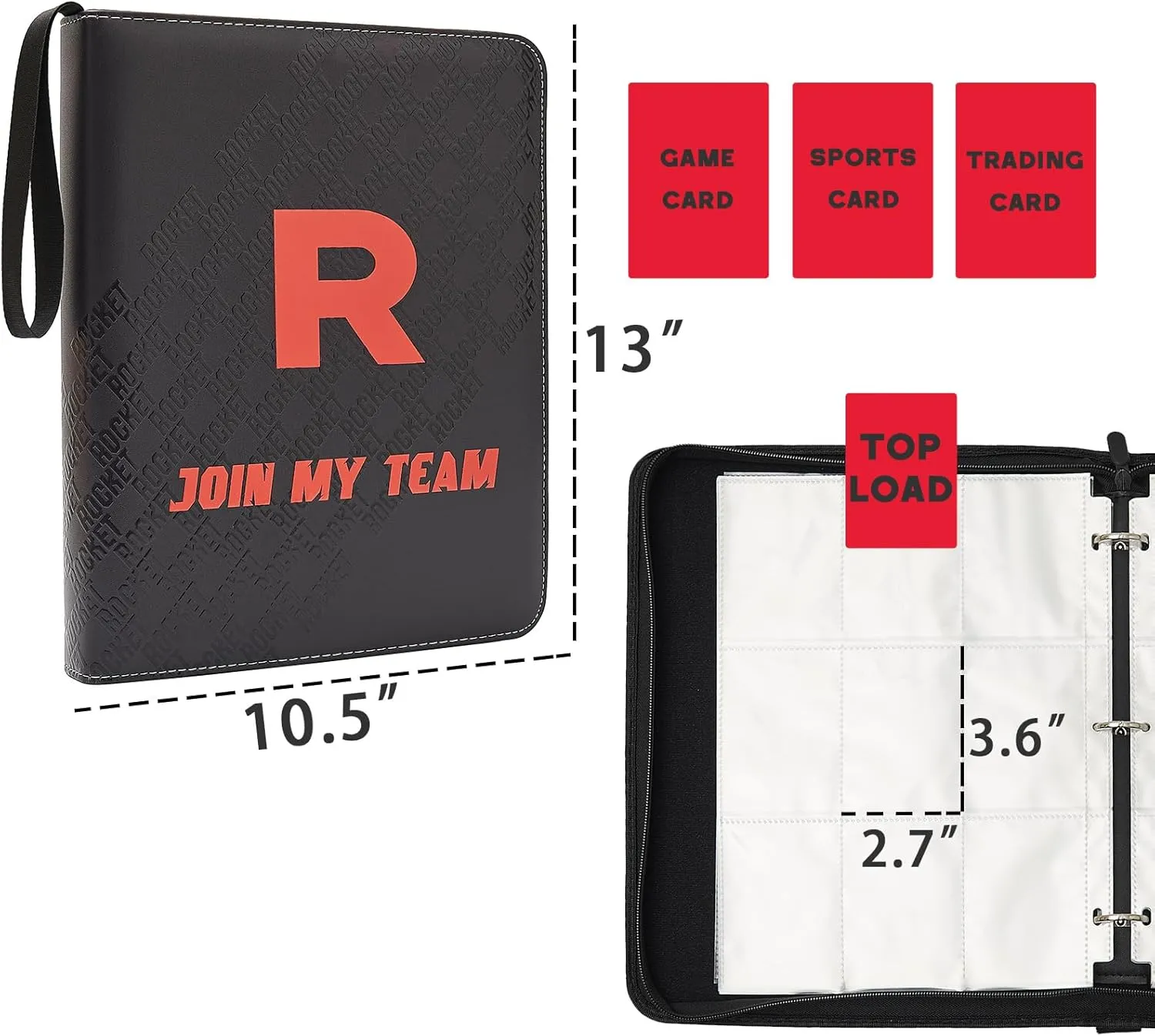Trading Card Binder 9-Pocket with Handle, Red and Black, Join My Team Design 900 Pockets (Black, 900)