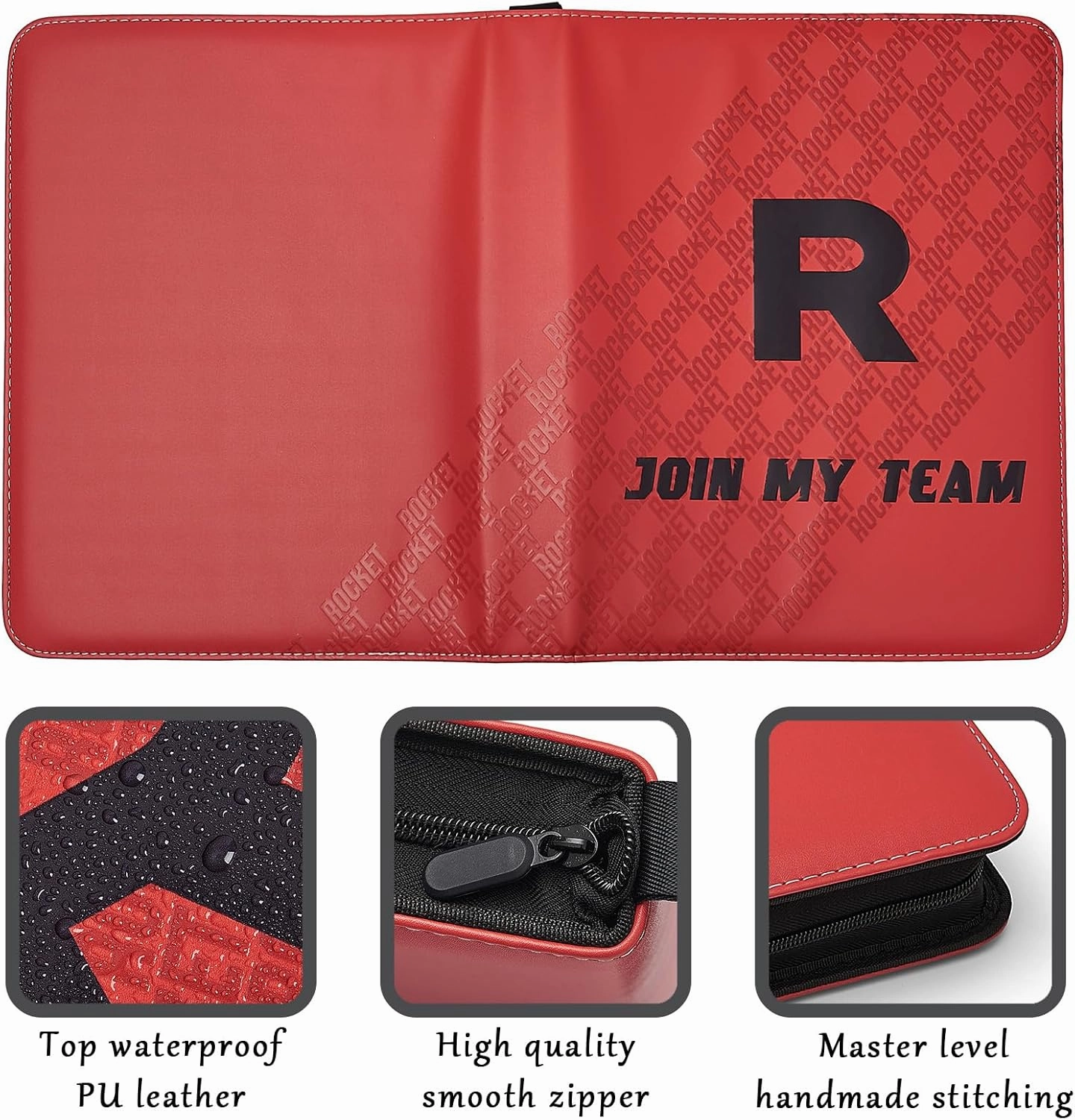 Trading Card Binder 4-Pocket with Handle, Red and Black, Join My Team Design 400 Pockets (Red, 400)
