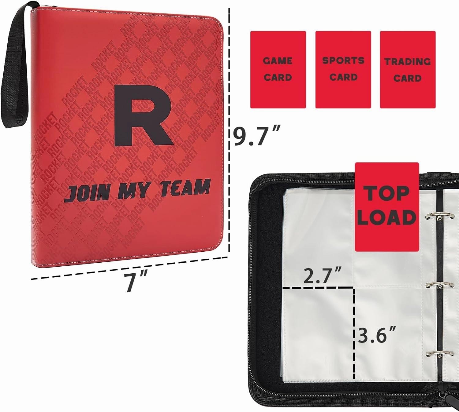 Trading Card Binder 4-Pocket with Handle, Red and Black, Join My Team Design 400 Pockets (Red, 400)