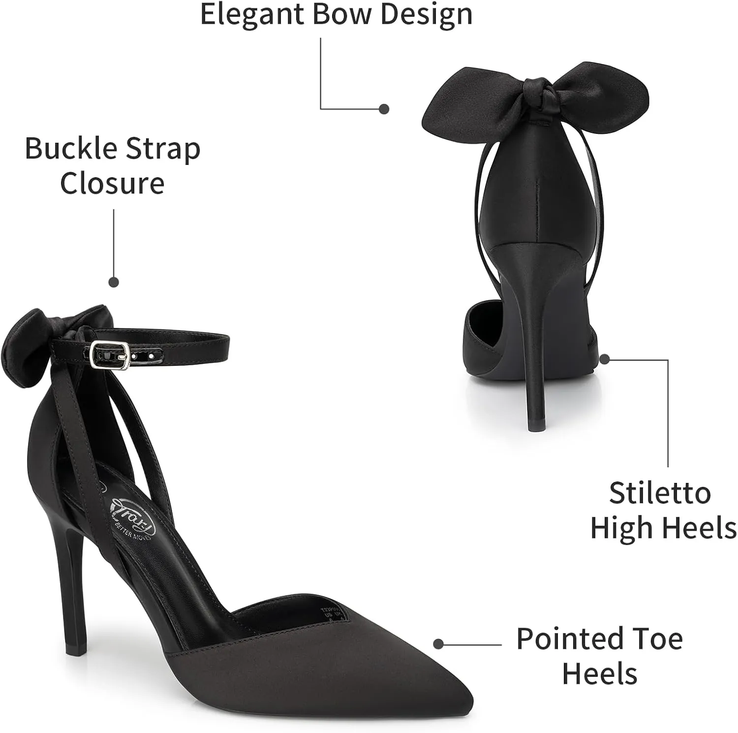Trary Heels for Women Closed Pointed Toe Heels Women's Pumps Stiletto High Shoes with Bow Knot Comfortable Ankle Strap Office Party Wedding Dress Shoes 3.74" Heel
