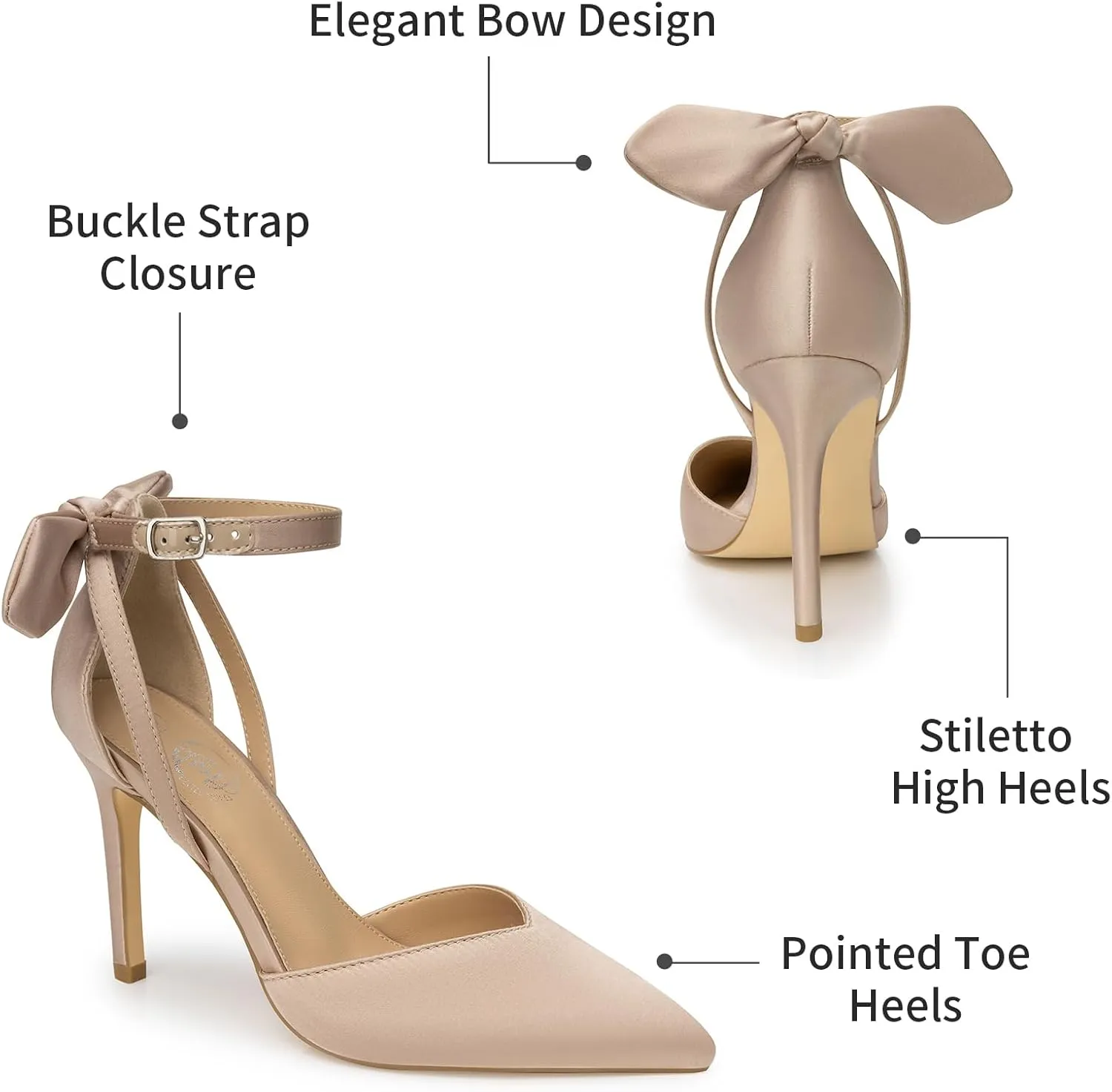 Trary Heels for Women Closed Pointed Toe Heels Women's Pumps Stiletto High Shoes with Bow Knot Comfortable Ankle Strap Office Party Wedding Dress Shoes 3.74" Heel