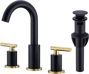 TRUSTMI Brass Bathroom Faucet 2 Handle 8 Inch Widespread Vanity Sink Mixer Faucet with Overflow Pop Up Drain Assembly, Swivel Spout, Matte Black and Brushed Gold