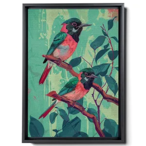 Two Colorful Birds Are Perched On Top Of A Stem And Flowering Plants, In The Style Red And Emerald, Light Emerald And Red, Delicate Markings, Nature Wall Art, Decor Canvas