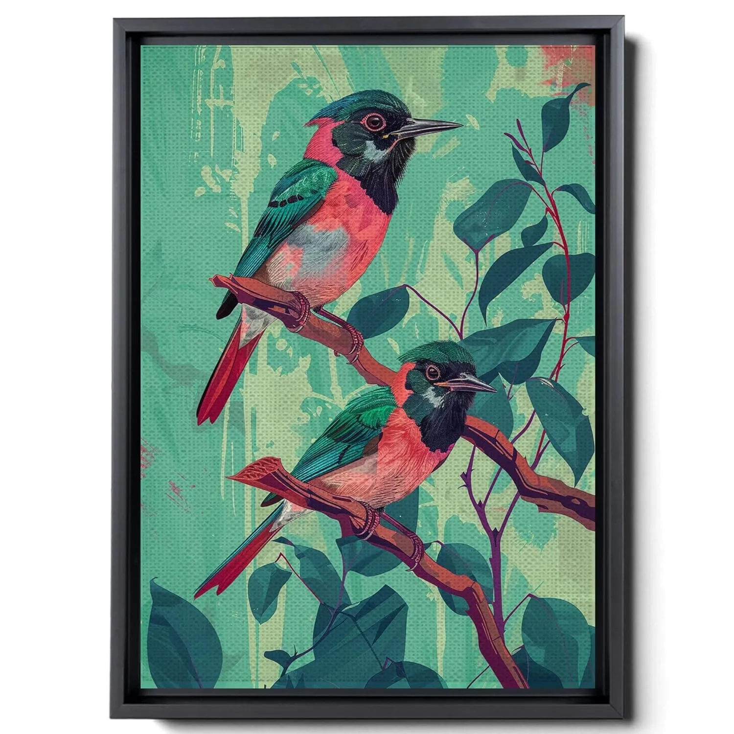 Two Colorful Birds Are Perched On Top Of A Stem And Flowering Plants, In The Style Red And Emerald, Light Emerald And Red, Delicate Markings, Nature Wall Art, Decor Canvas