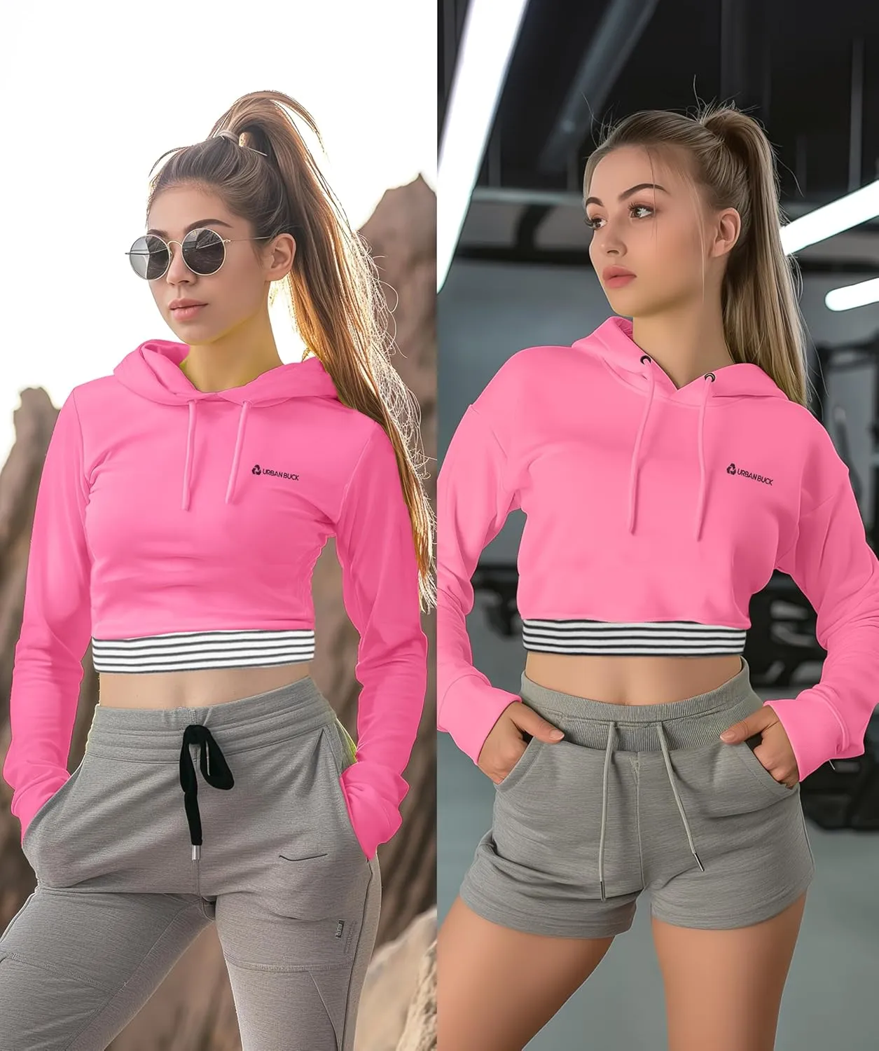 URBAN BUCK Neon Crop Top Hoodie For Women - Lightweight Long Sleeve Cropped Pullover Sweatshirt For Workout & Running