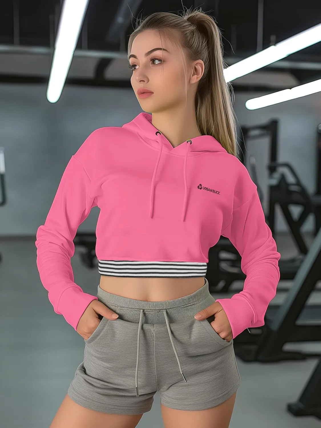 URBAN BUCK Neon Crop Top Hoodie For Women - Lightweight Long Sleeve Cropped Pullover Sweatshirt For Workout & Running