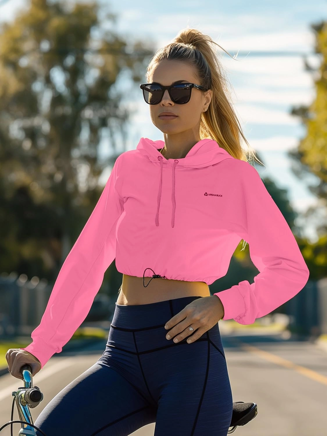 URBAN BUCK Neon Crop Top Hoodie For Women - Lightweight Long Sleeve Cropped Pullover Sweatshirt For Workout & Running