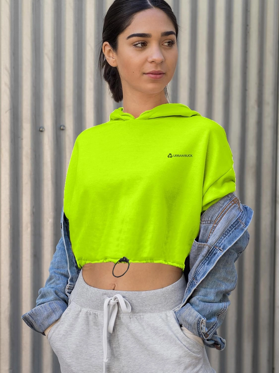 URBAN BUCK Neon Crop Top Hoodie For Women - Lightweight Long Sleeve Cropped Pullover Sweatshirt For Workout & Running
