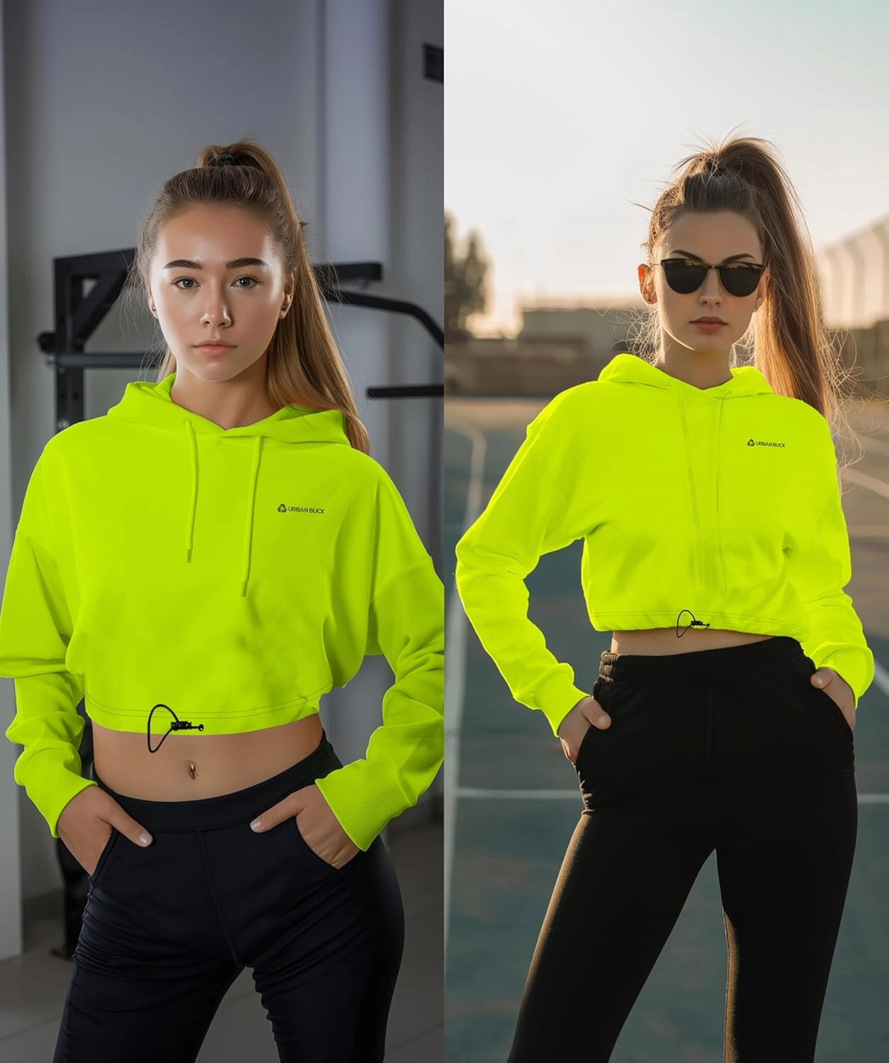 URBAN BUCK Neon Crop Top Hoodie For Women - Lightweight Long Sleeve Cropped Pullover Sweatshirt For Workout & Running