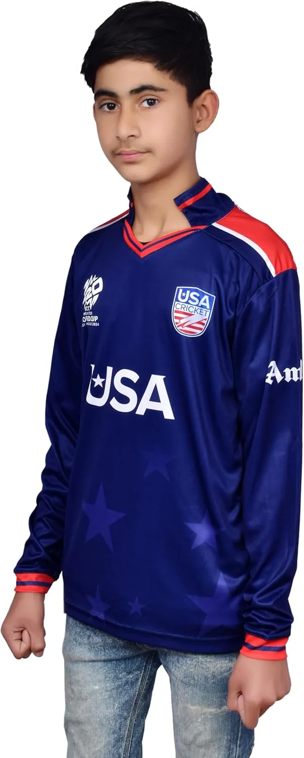 USA Cricket Youth Jersey, US Team's First Ever T20 WC Appearance T-Shirt for Kids, Long Sleeve, Navy Blue