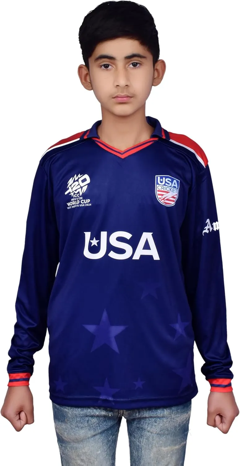 USA Cricket Youth Jersey, US Team's First Ever T20 WC Appearance T-Shirt for Kids, Long Sleeve, Navy Blue