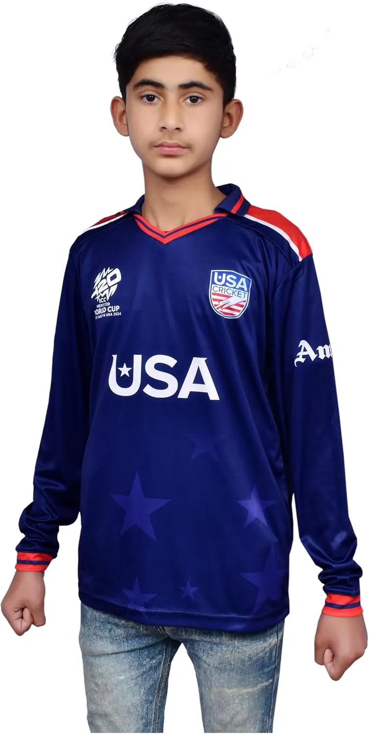 USA Cricket Youth Jersey, US Team's First Ever T20 WC Appearance T-Shirt for Kids, Long Sleeve, Navy Blue