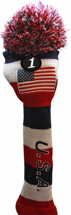 USA Majek Golf Driver #1 American Flag U.S.A Patriot Pom Pom Knit Limited Edition Vintage Classic USA Stars US Red White Blue Retro Headcover Head Cover Fits 460cc Drivers Perfect Dad
