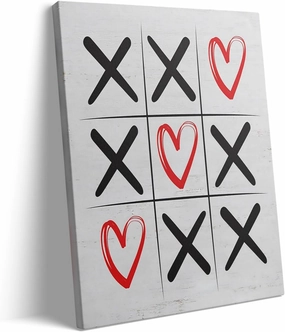 Valentine's Day Canvas Wall Art Decor - Tic Tac Toe XOXO Heart Design, Romantic Red and Black Artwork for Valentine's Day Home Decor, Love-Themed Canvas Print 8X10 inch