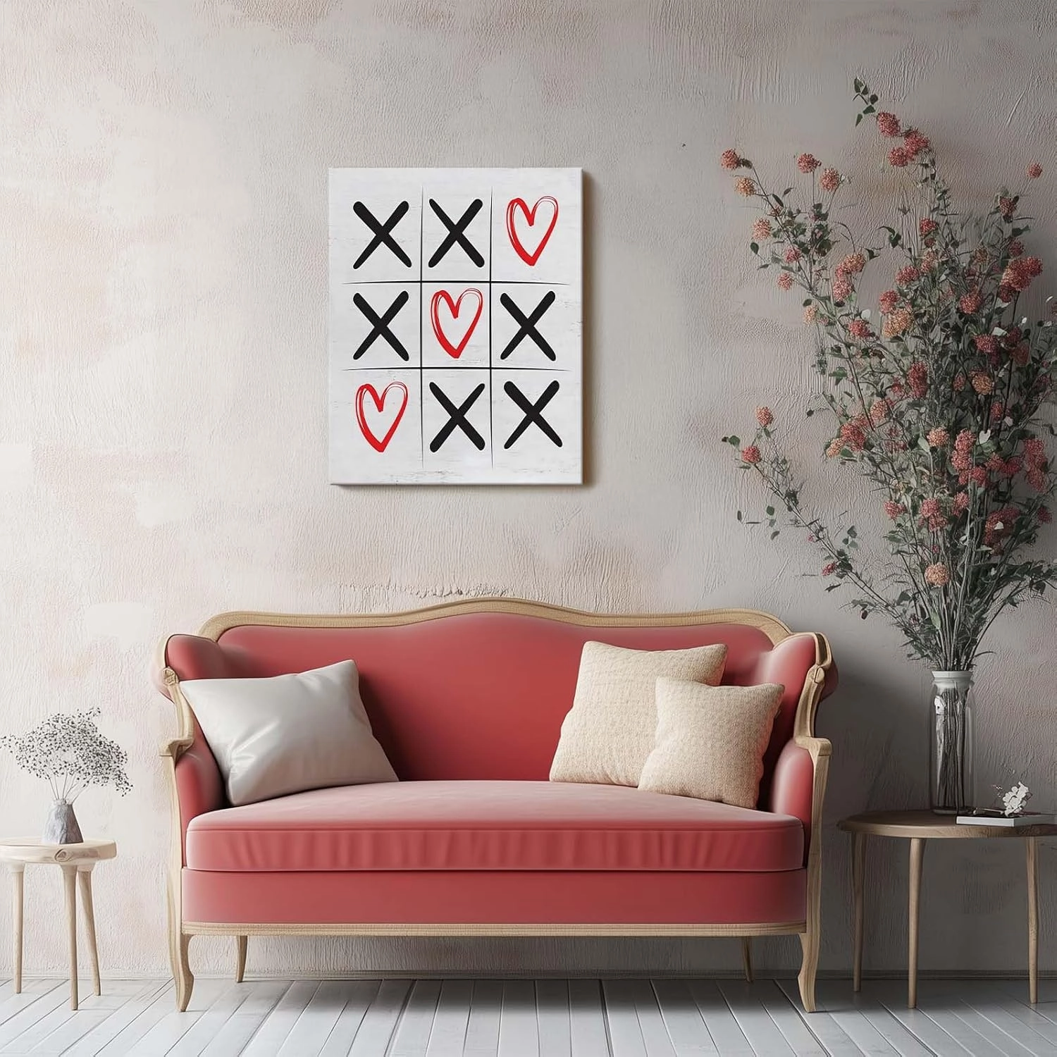 Valentine's Day Canvas Wall Art Decor - Tic Tac Toe XOXO Heart Design, Romantic Red and Black Artwork for Valentine's Day Home Decor, Love-Themed Canvas Print 8X10 inch