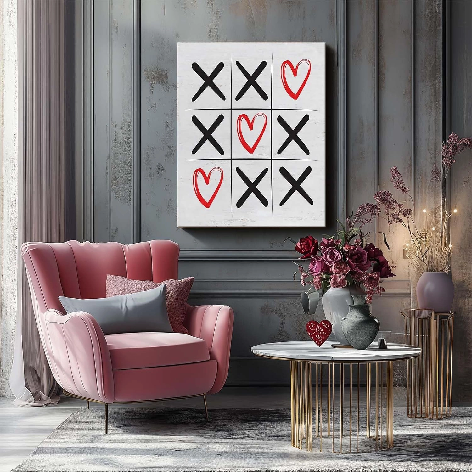 Valentine's Day Canvas Wall Art Decor - Tic Tac Toe XOXO Heart Design, Romantic Red and Black Artwork for Valentine's Day Home Decor, Love-Themed Canvas Print 8X10 inch
