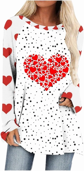 Valentine's Day Shirts for Women Long Sleeve Crewneck Love Heart Print Cute Tops Pullover Baggy Casual Thin Blouses