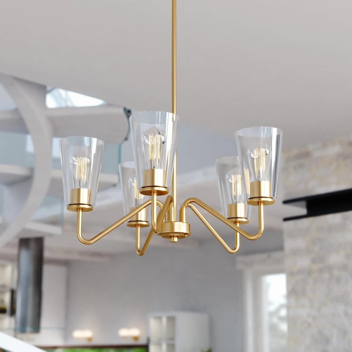 VAXCEL Beverly 5 Light Gold Muted Brass Chandelier Fixture Clear Glass Shade, LED Compatible