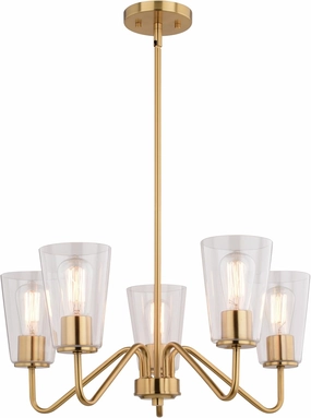 VAXCEL Beverly 5 Light Gold Muted Brass Chandelier Fixture Clear Glass Shade, LED Compatible
