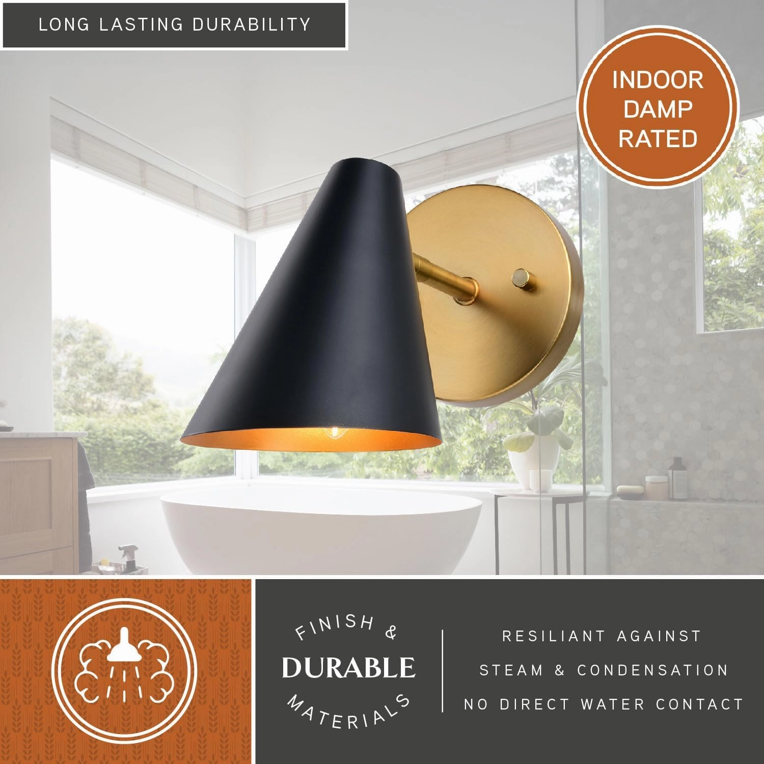 VAXCEL Pryce 1 Light Matte Black and Gold Satin Brass Mid-Century Modern Wall Sconce Fixture with Metal Cone Shade