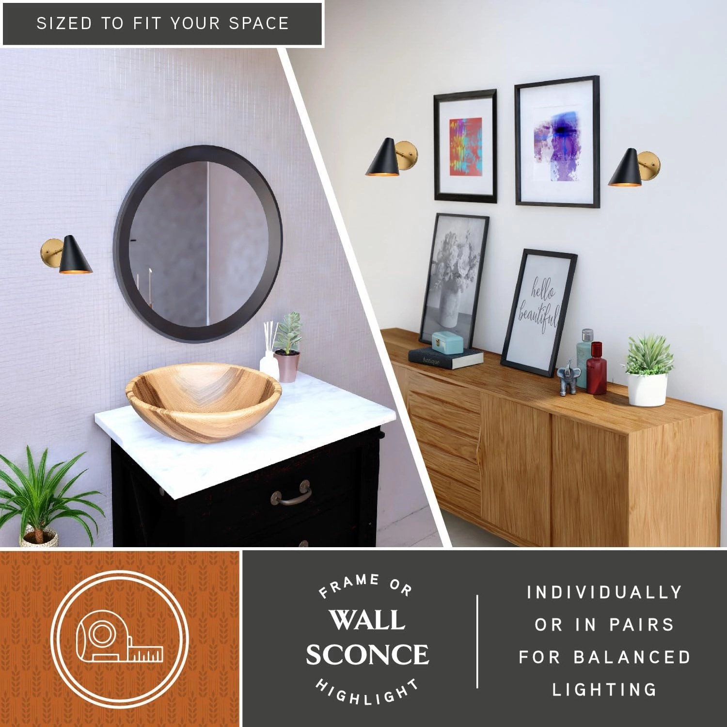 VAXCEL Pryce 1 Light Matte Black and Gold Satin Brass Mid-Century Modern Wall Sconce Fixture with Metal Cone Shade