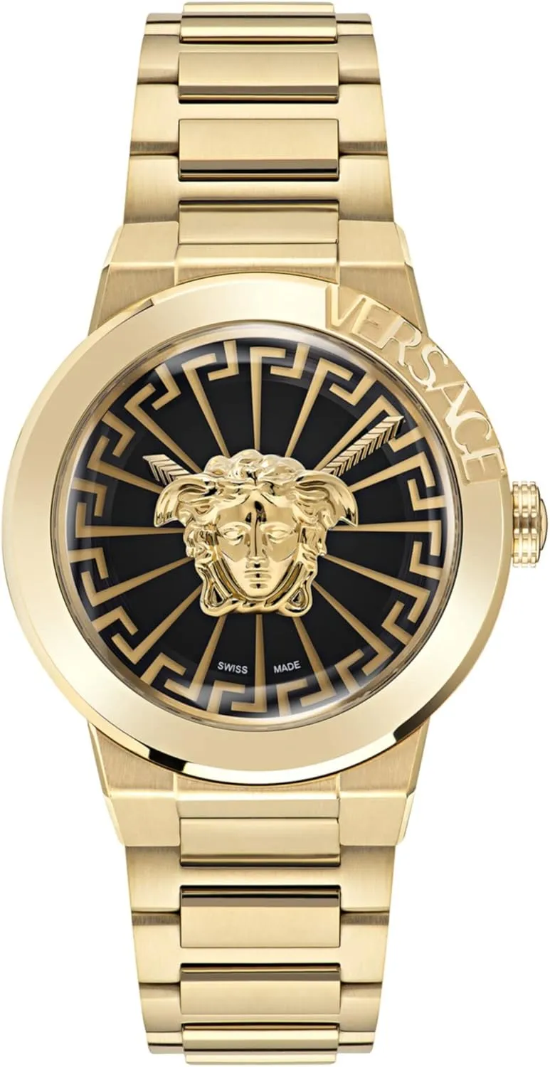 Versace Medusa Infinite Collection Luxury Womens Watch Timepieces with a Gold Bracelet Featuring a IP Yellow Gold Case and a Black Dial