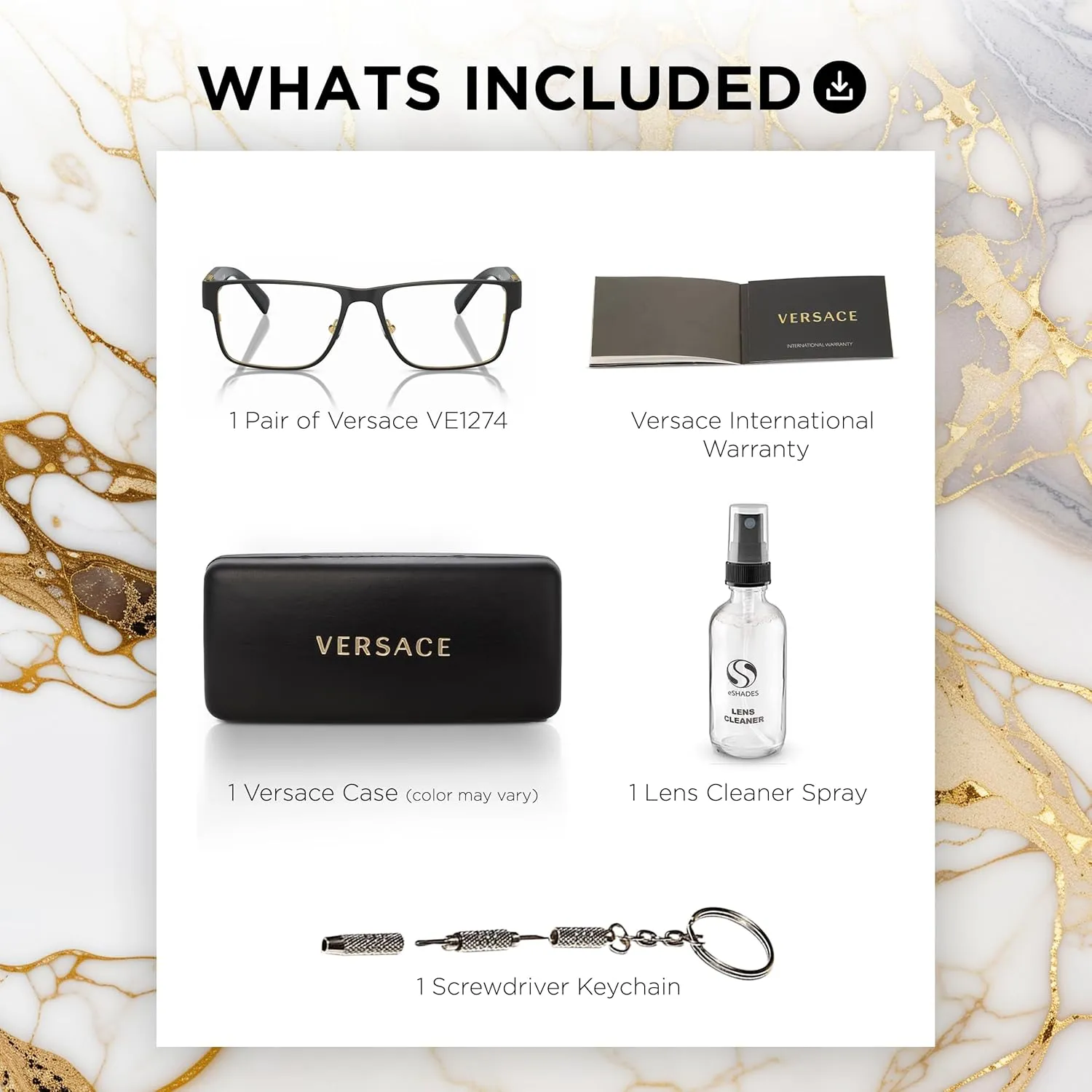 Versace VE1274 MEDUSA RECTANGLE Shape Eyeglasses Frame with eSHADES Luxury Eyewear kit Bundle