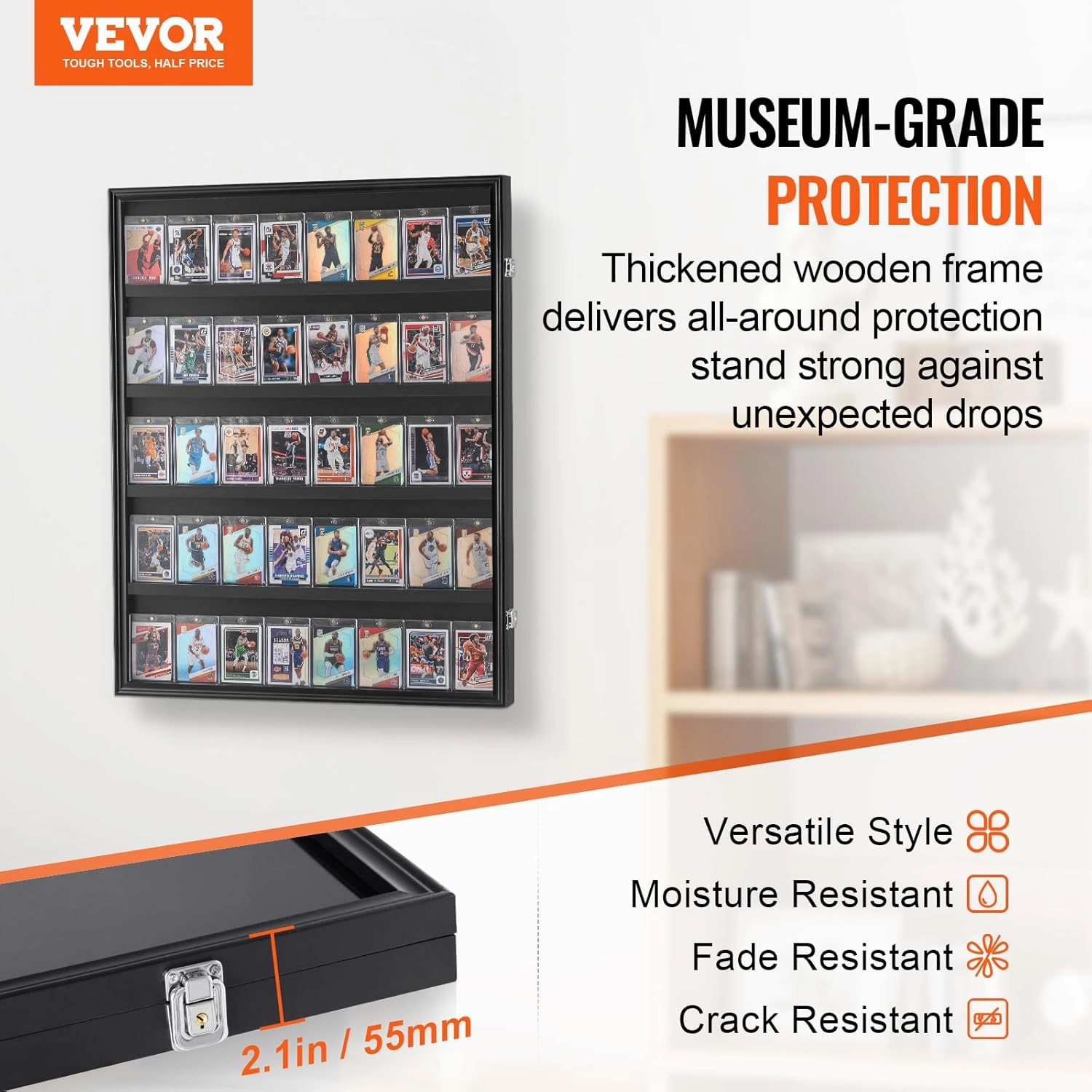 VEVOR 35 Graded Sports Card Display Case, 24.3x30.5x2.1 in, Baseball Football Basketball Hockey Trading Card Frame with 98% UV Protection Clear View PC Glass, Lockable Wall Cabinet