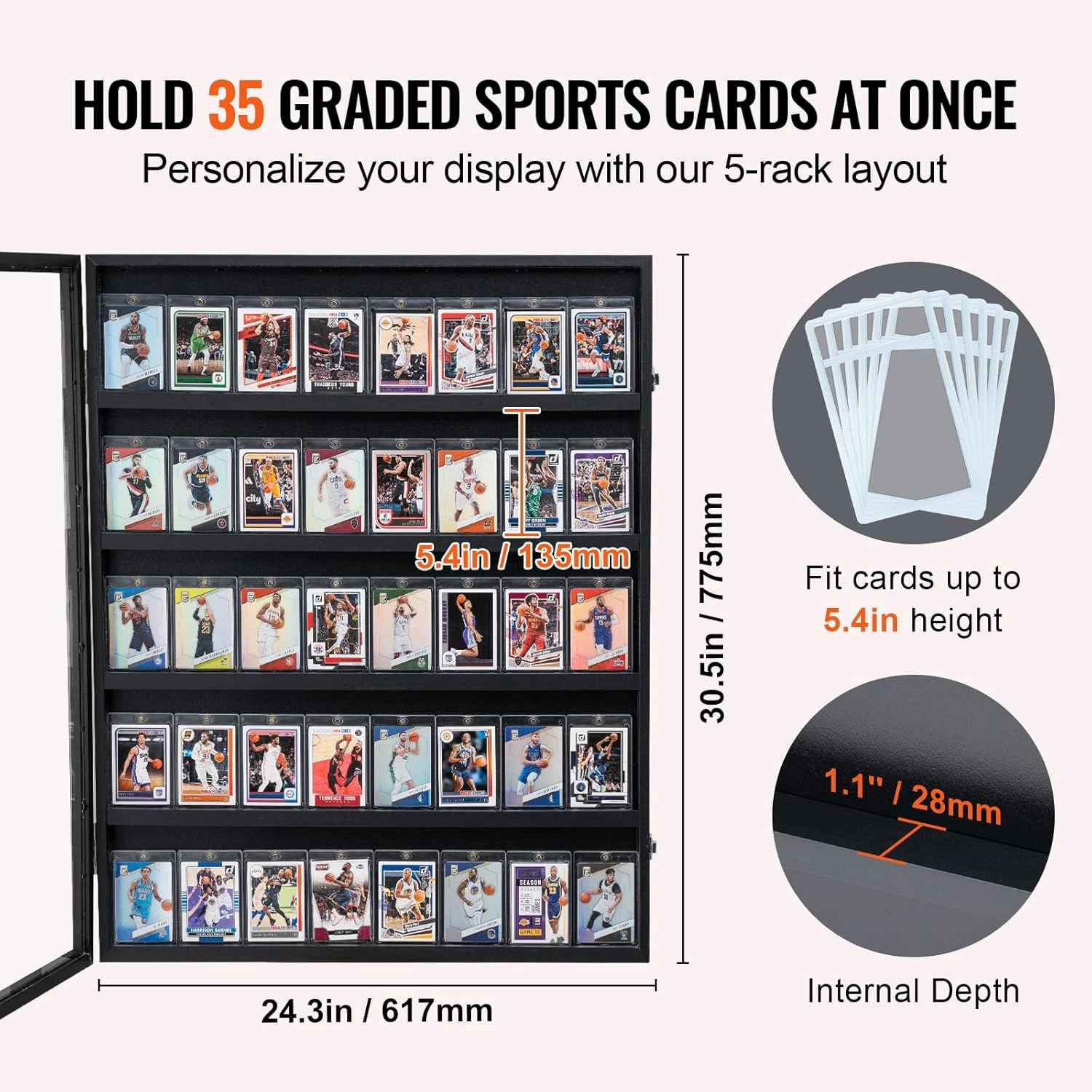 VEVOR 35 Graded Sports Card Display Case, 24.3x30.5x2.1 in, Baseball Football Basketball Hockey Trading Card Frame with 98% UV Protection Clear View PC Glass, Lockable Wall Cabinet