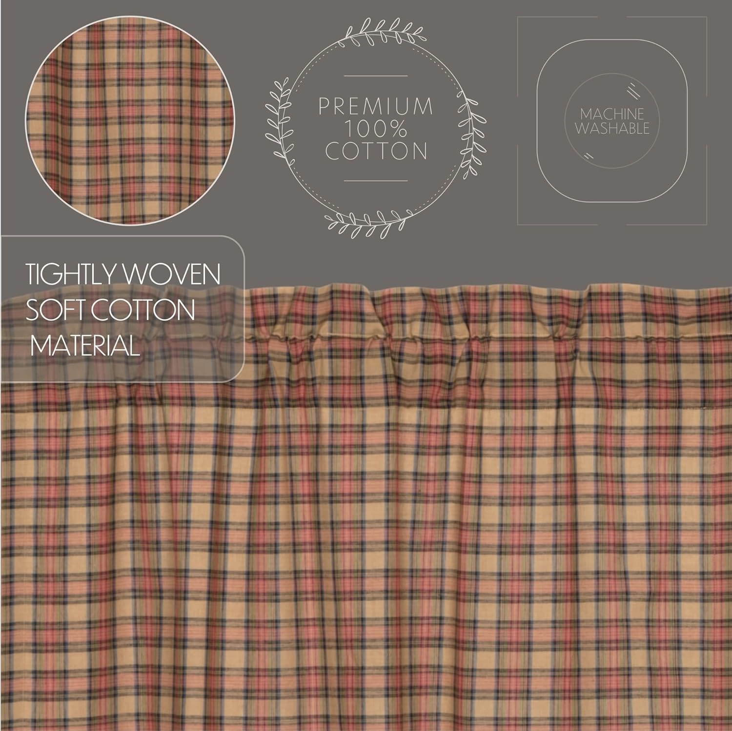 VHC Brands Crosswoods Plaid Cotton Primitive Curtains Rod Pocket Tie Back(s) Panel Pair, Natural Tan