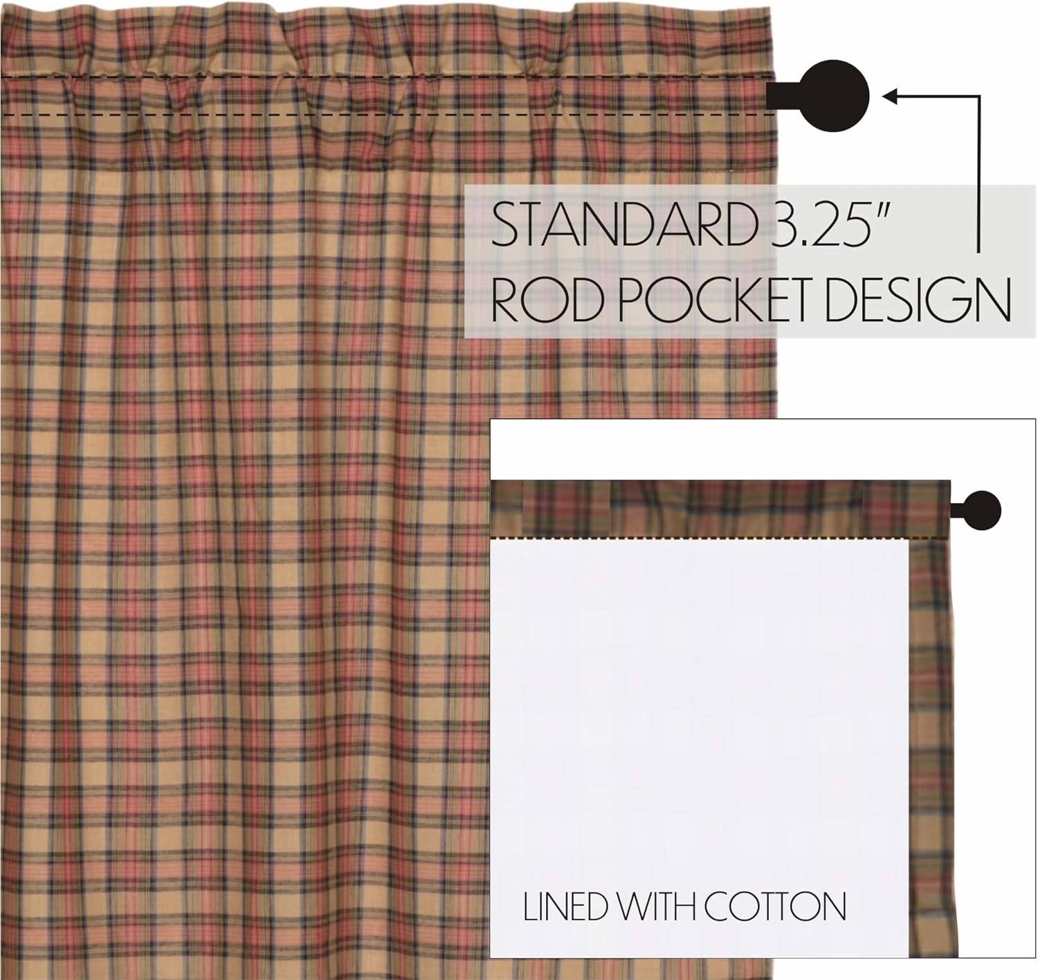 VHC Brands Crosswoods Plaid Cotton Primitive Curtains Rod Pocket Tie Back(s) Panel Pair, Natural Tan