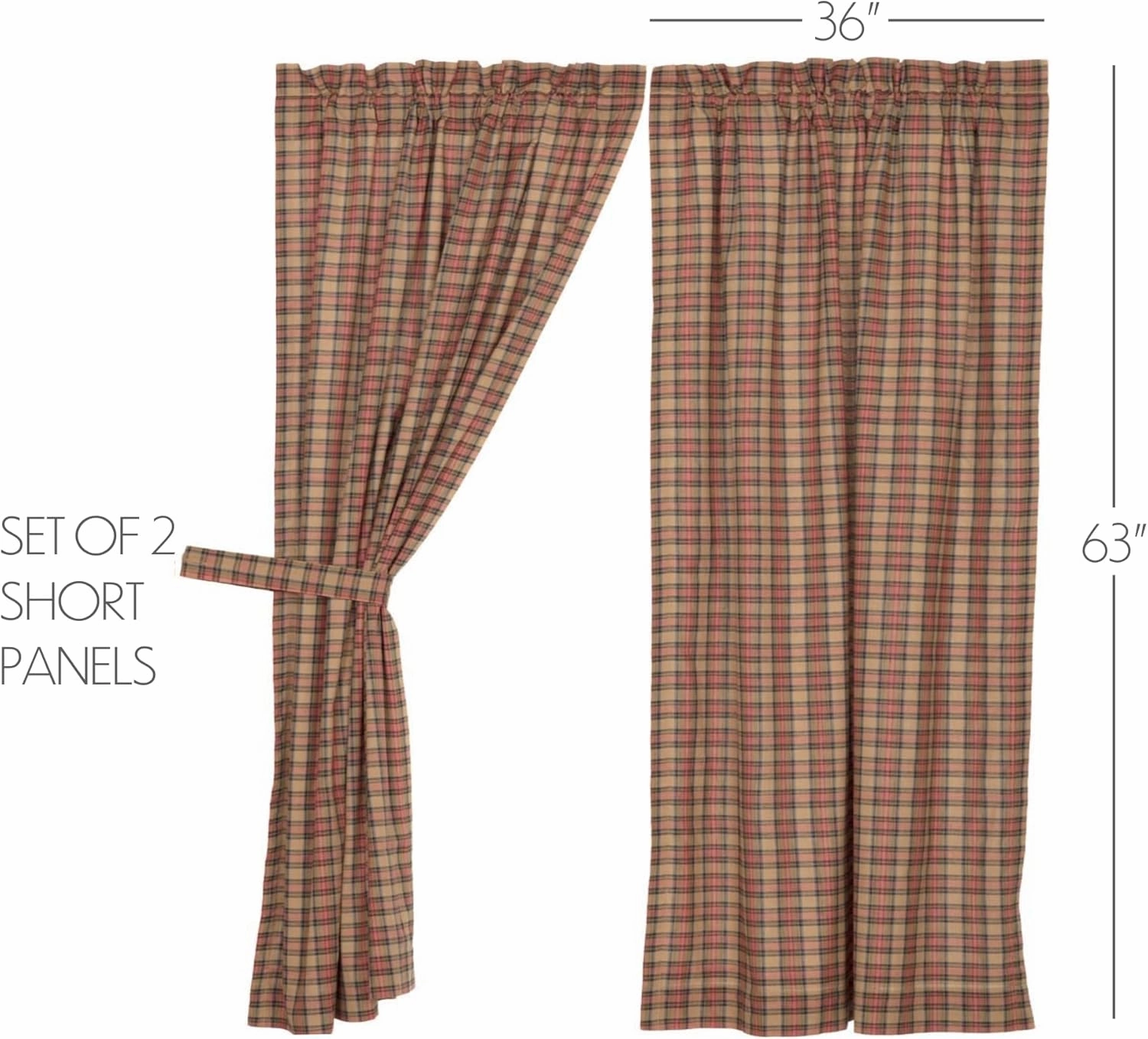 VHC Brands Crosswoods Plaid Cotton Primitive Curtains Rod Pocket Tie Back(s) Panel Pair, Natural Tan