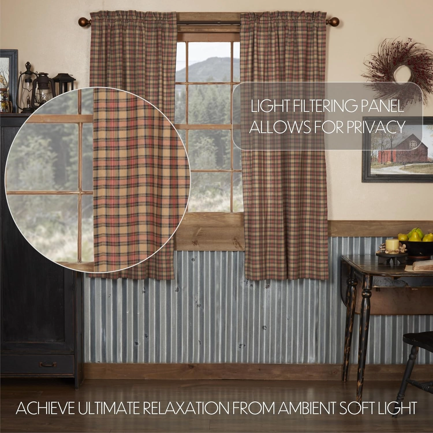VHC Brands Crosswoods Plaid Cotton Primitive Curtains Rod Pocket Tie Back(s) Panel Pair, Natural Tan