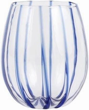 Vietri Nuovo Stripe Stemless Wine Glass 10 oz Borosilicate Glass Aesthetic Italian Barware Elegant Design - 4 Inch Blue