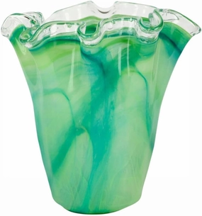 Vietri Onda Glass Ruffled Vase Mouthblown Elegant Organic Shaped Design for Table and Shelf Display - 14 Inches Green