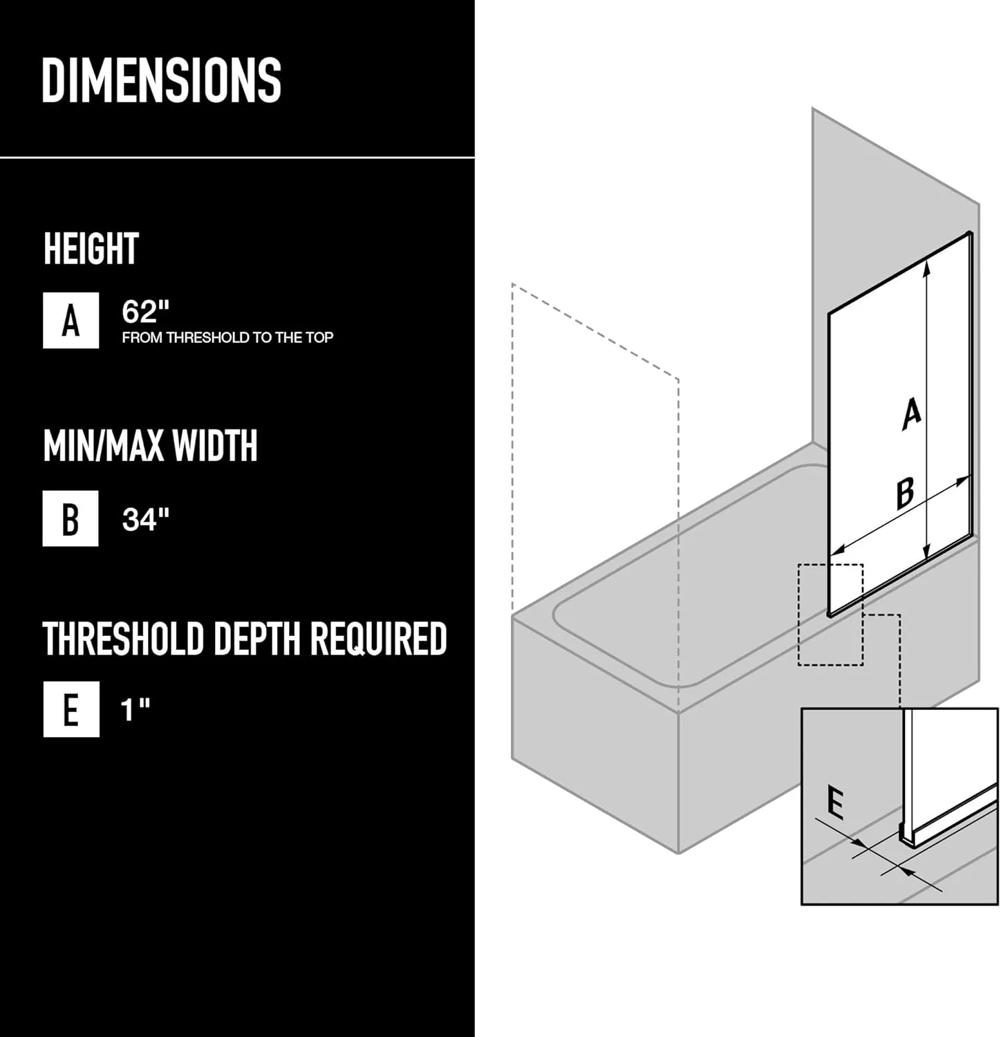 VIGO Zenith 34'' W x 62'' H Frameless Fixed Tub Screen in Chrome with 3/8'' Clear Glass - VG6075CHCL3462