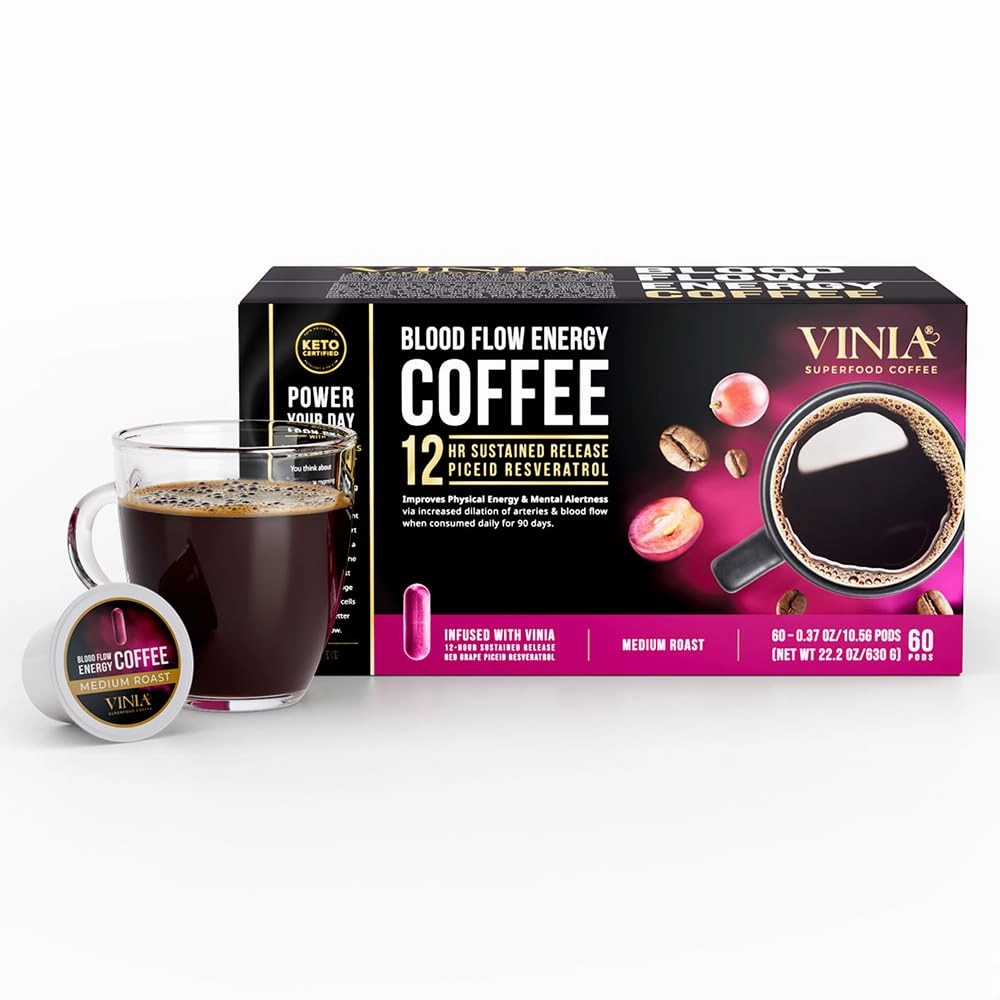 VINIA Blood Flow Energy Coffee Pods - Medium Roast Infused with Red Grape Piceid Resveratrol for Physical Energy & Mental Alertness, Keurig K-Cup Compatible Superfood Coffee, Full-Bodied, 60 Count.