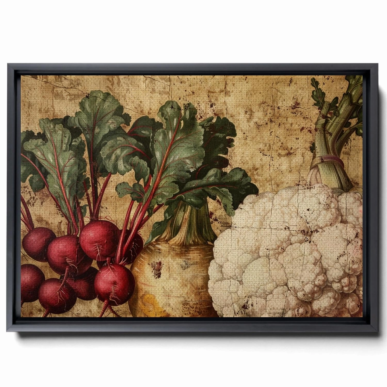 Vintage Illustration With Various Vegetables Radish, Beets, Celery, In Side-By-Side Pictorial Style, Light Yellow And Light Bronze Dark Emerald, Canvas