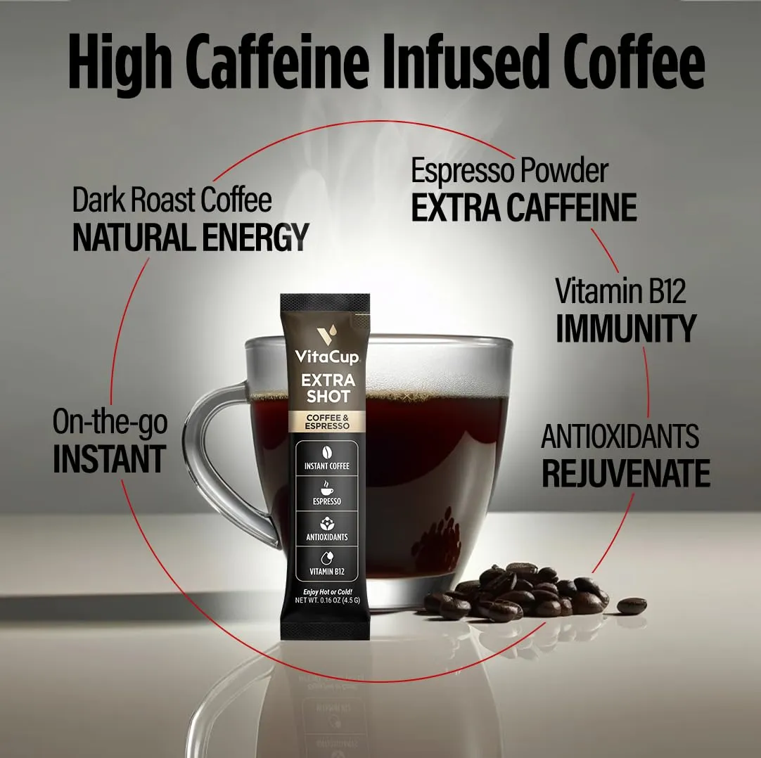 VitaCup Extra Shot Instant Coffee Packets with Espresso Shot, “Red Eye” High Caffeine, Bold Dark Roast w/Vitamin B12, Antioxidants, Premium Instant Coffee in Single Serve Sticks, 24 Ct