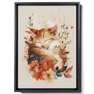 Watercolor Of A Kitten And Flowers, In The Style Of Animals And People, Light Beige And Light Amber,Light Emerald And Light Amber,Pictorial, Colorful Animations, Canvas