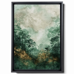 Watercolor Drawing Of Forest, In The Style Of Dark Emerald And Light Brown Art Techniques, Warm Color Palettes, Spectacular Backdrops, Light Green And Dark Gray, Canvas Prints